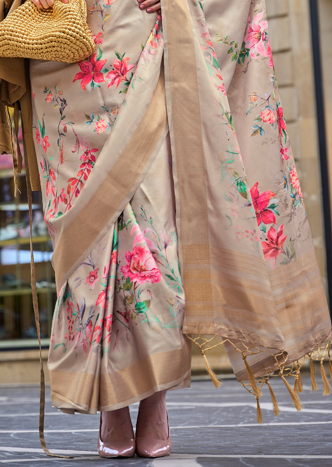 Beige Off White Woven Pure Handloom Printed Gajji Silk Saree
