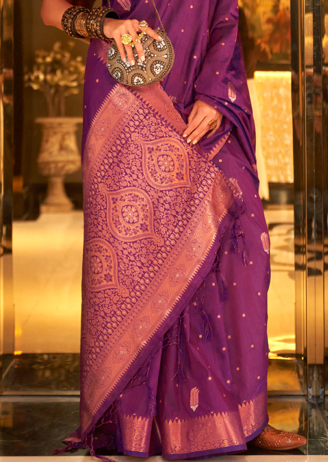 Plum Purple Copper Zari Woven Pure Handloom Banarasi Silk Saree