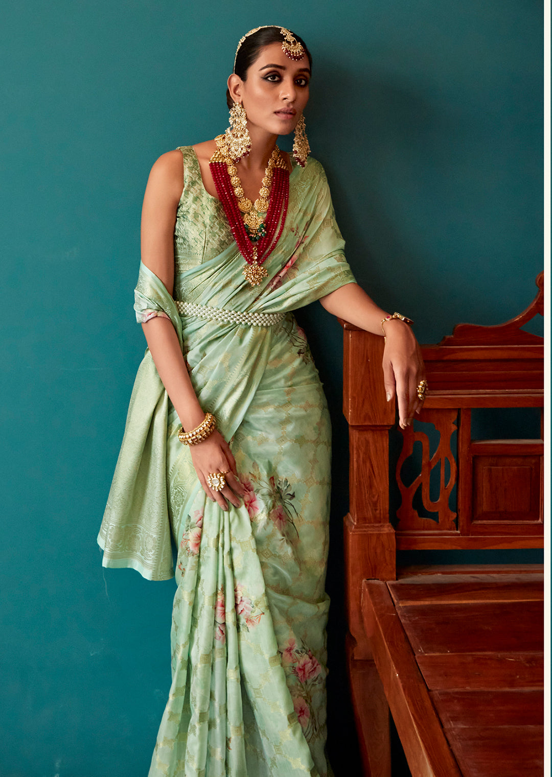 Tea Green Zari Woven Printed Handloom Crepe Silk Saree