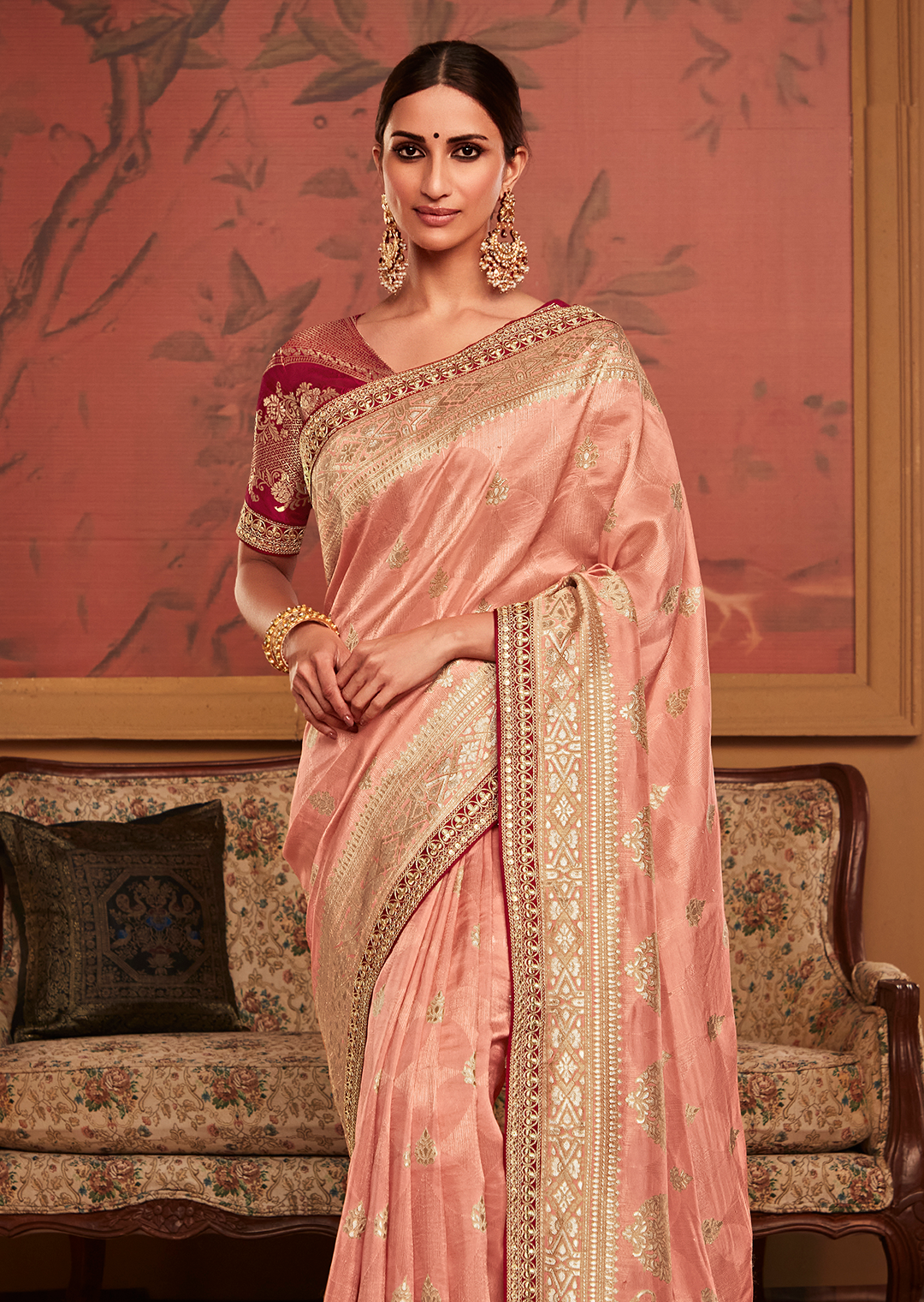 PEACH PURE CREPE SILK DESIGNER BANARASI SAREE