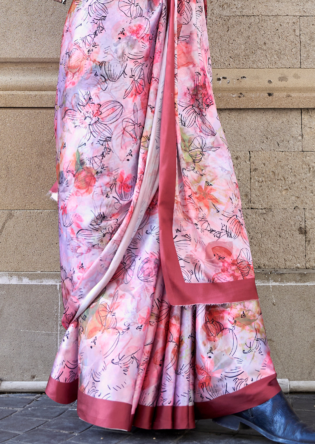 Carnation Pink Woven Digital Printed Satin Crepe Silk Saree