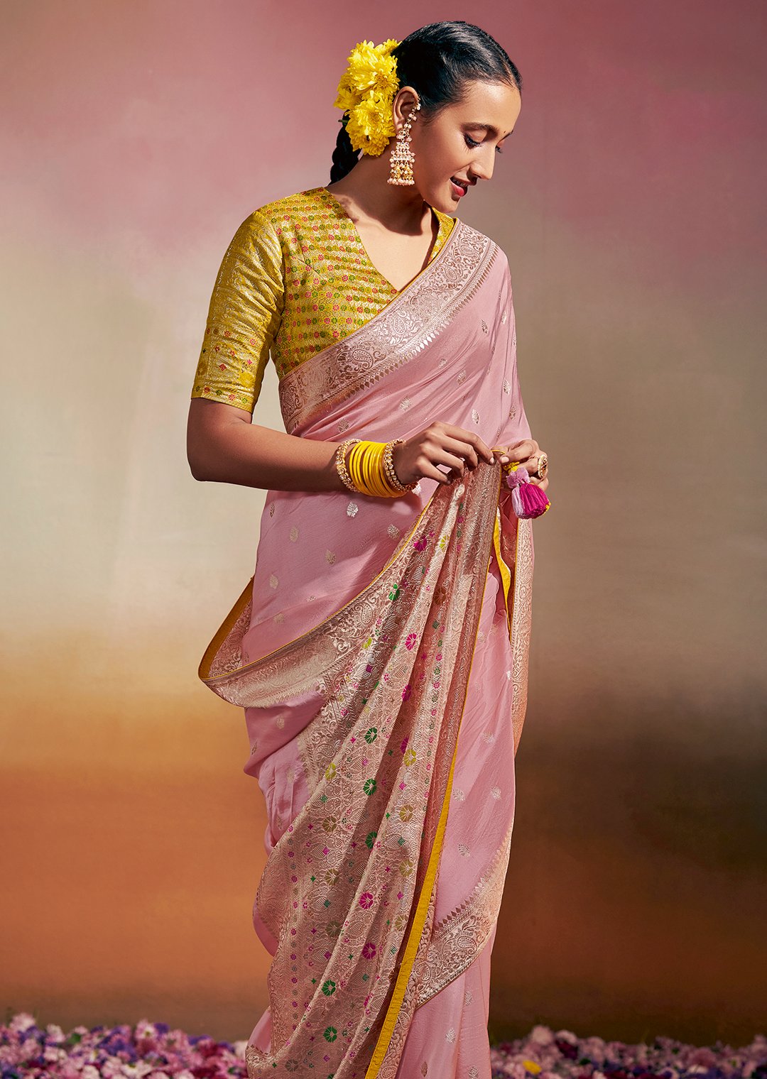 CREPE PINK	WOVEN PURE CHINON CHIFFON DESIGNER SILK SAREE