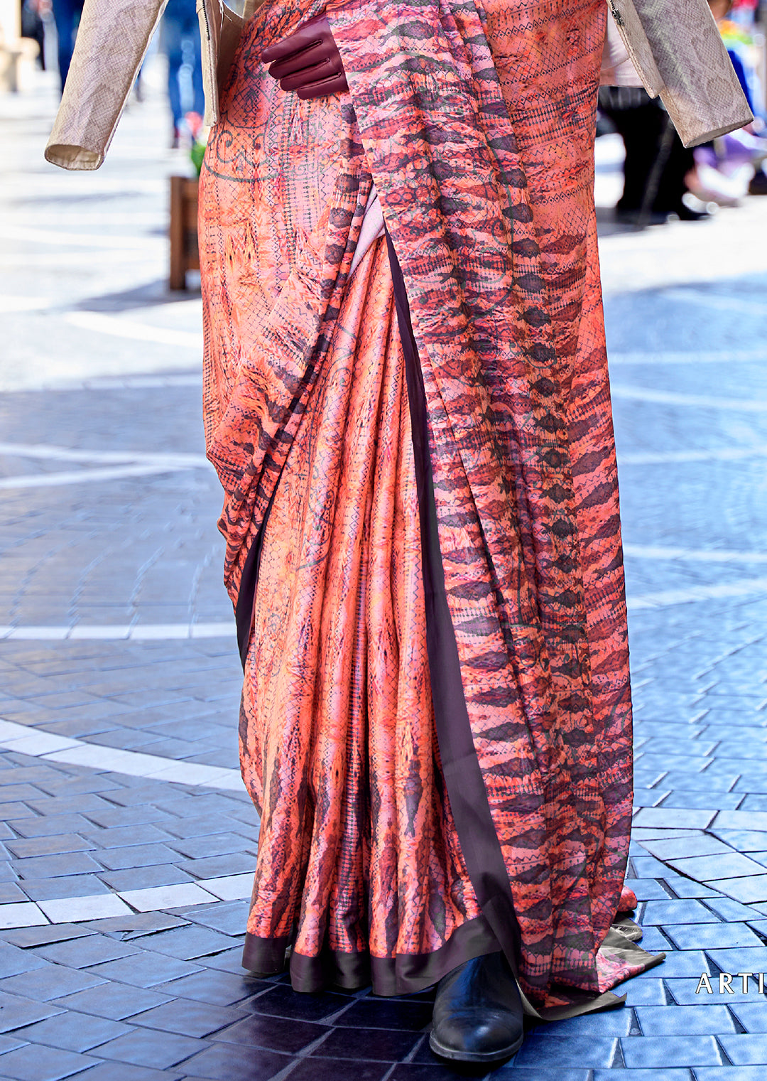 Georgia Peach Orange Woven Digital Printed Satin Crepe Silk Saree