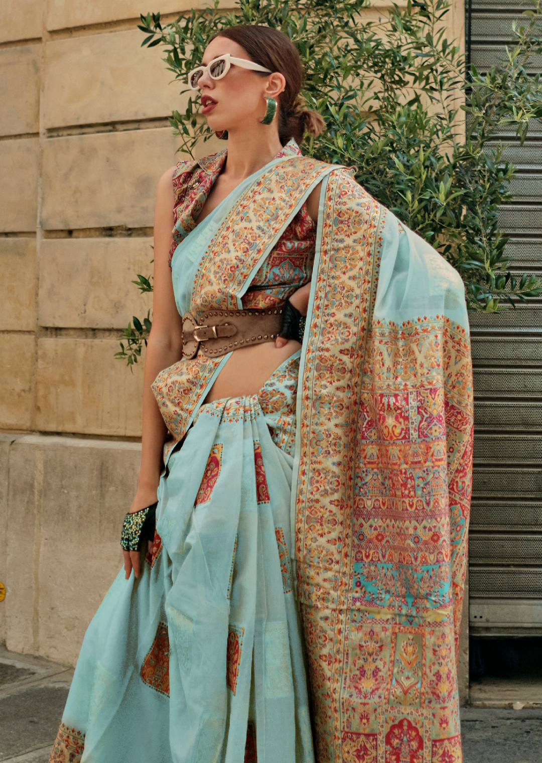 Sky Blue Woven Pure Handloom Kashmiri Jamewar Silk Saree