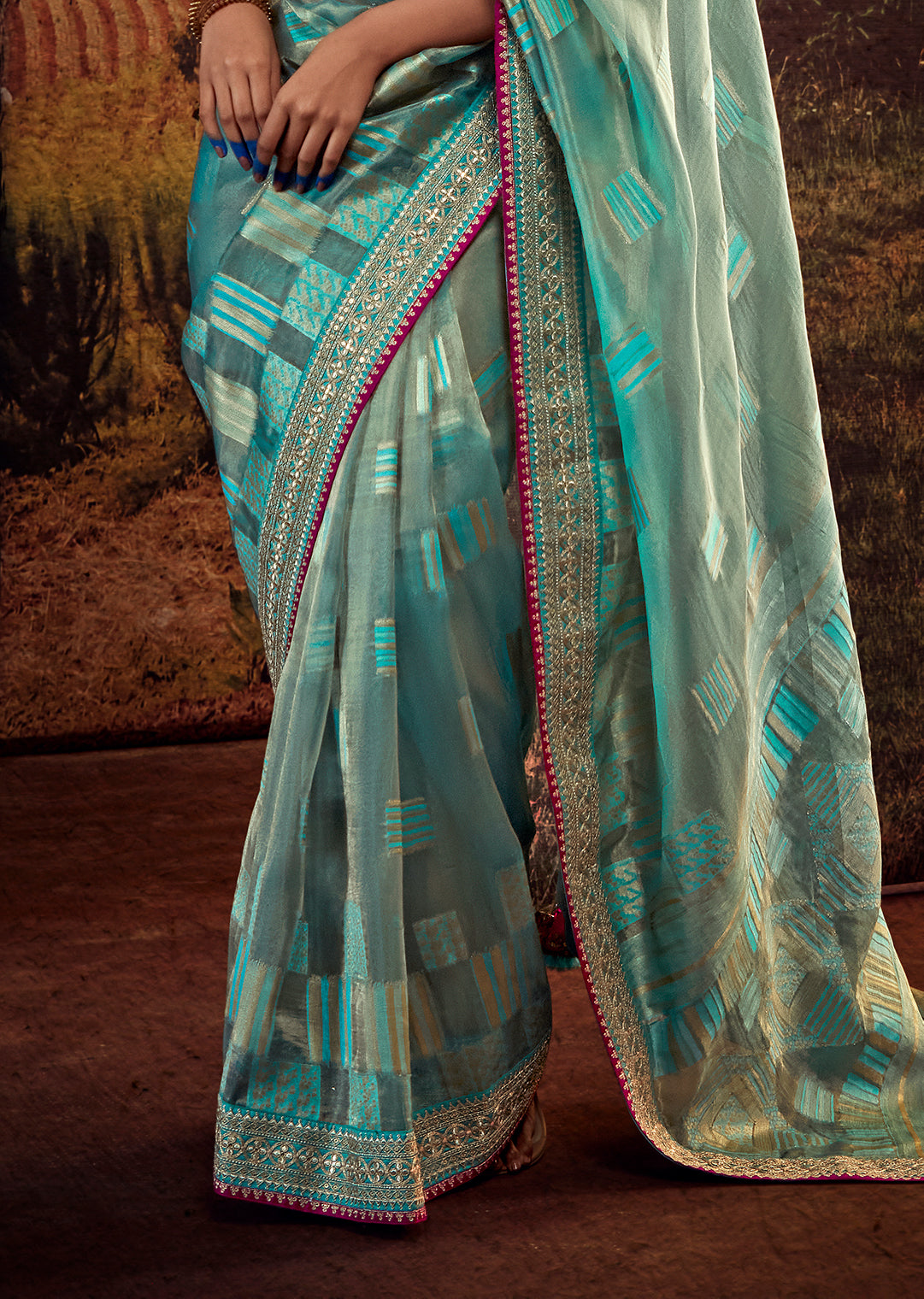 AQUA BLUE PURE TISSUE SILK DESIGNER SAREE