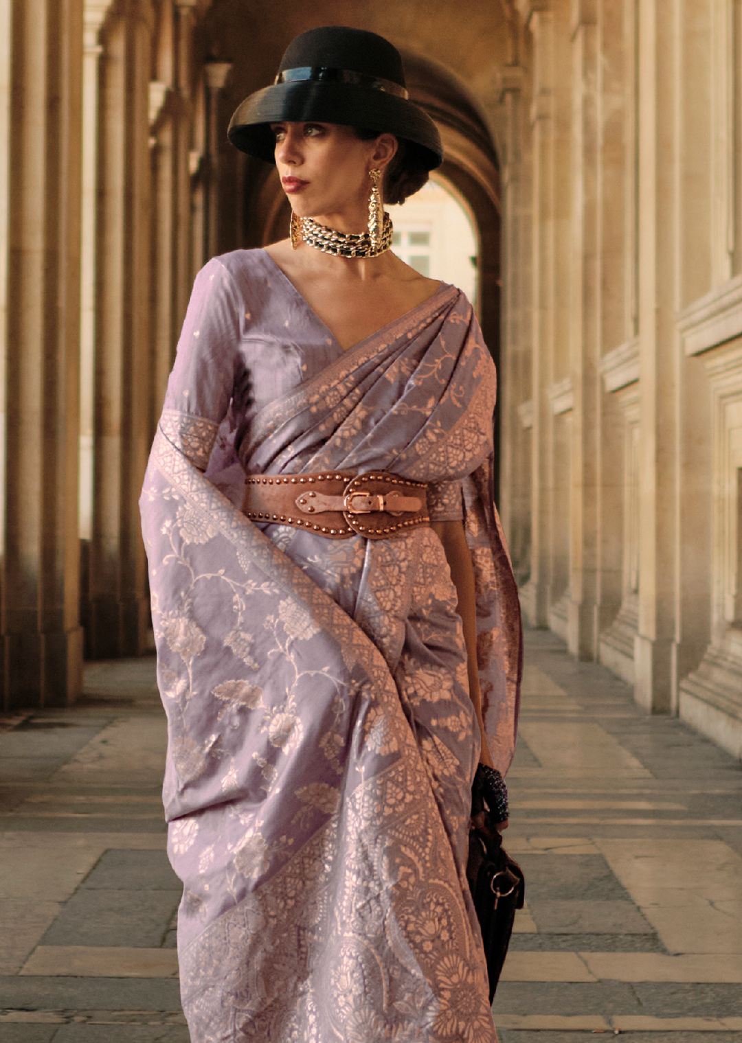 Heather Purple Gota Woven Pure Handloom Silk Saree