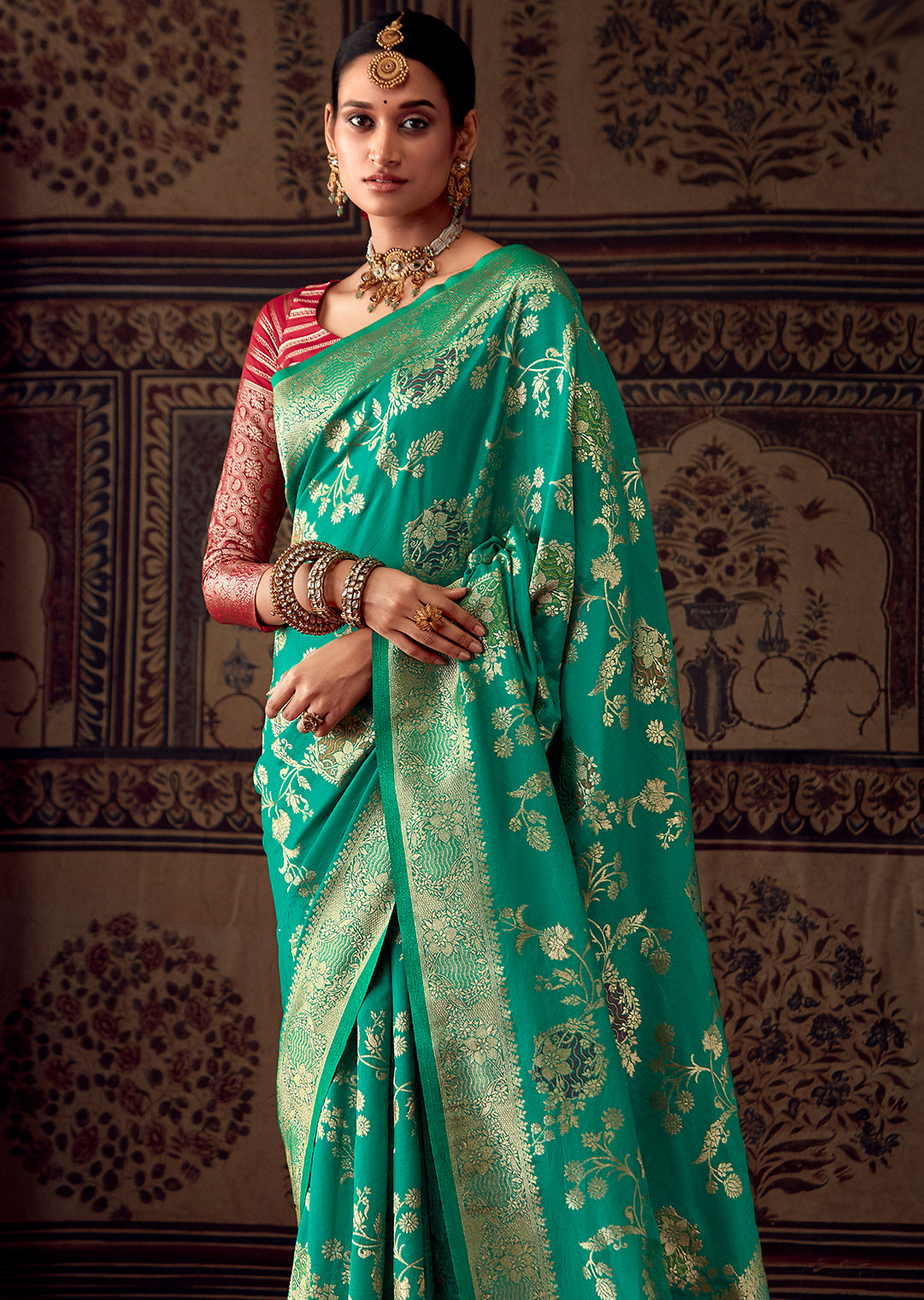 MARINE GREEN MEENAKARI WOVEN DESIGNER BANARASI SILK SAREE