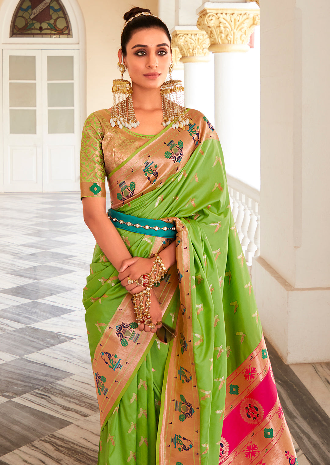 Parrot Green Copper Zari Woven Traditional Paithani Silk Saree