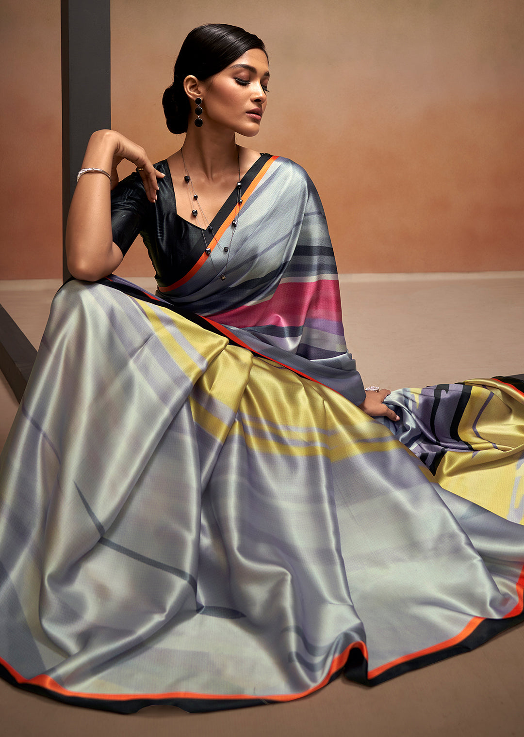 Grey Woven Digital Printed Satin Crepe Silk Saree