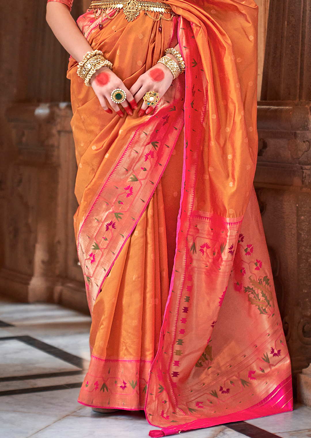 Mango Orange Woven Traditional Royal Patola Paithani Silk Saree