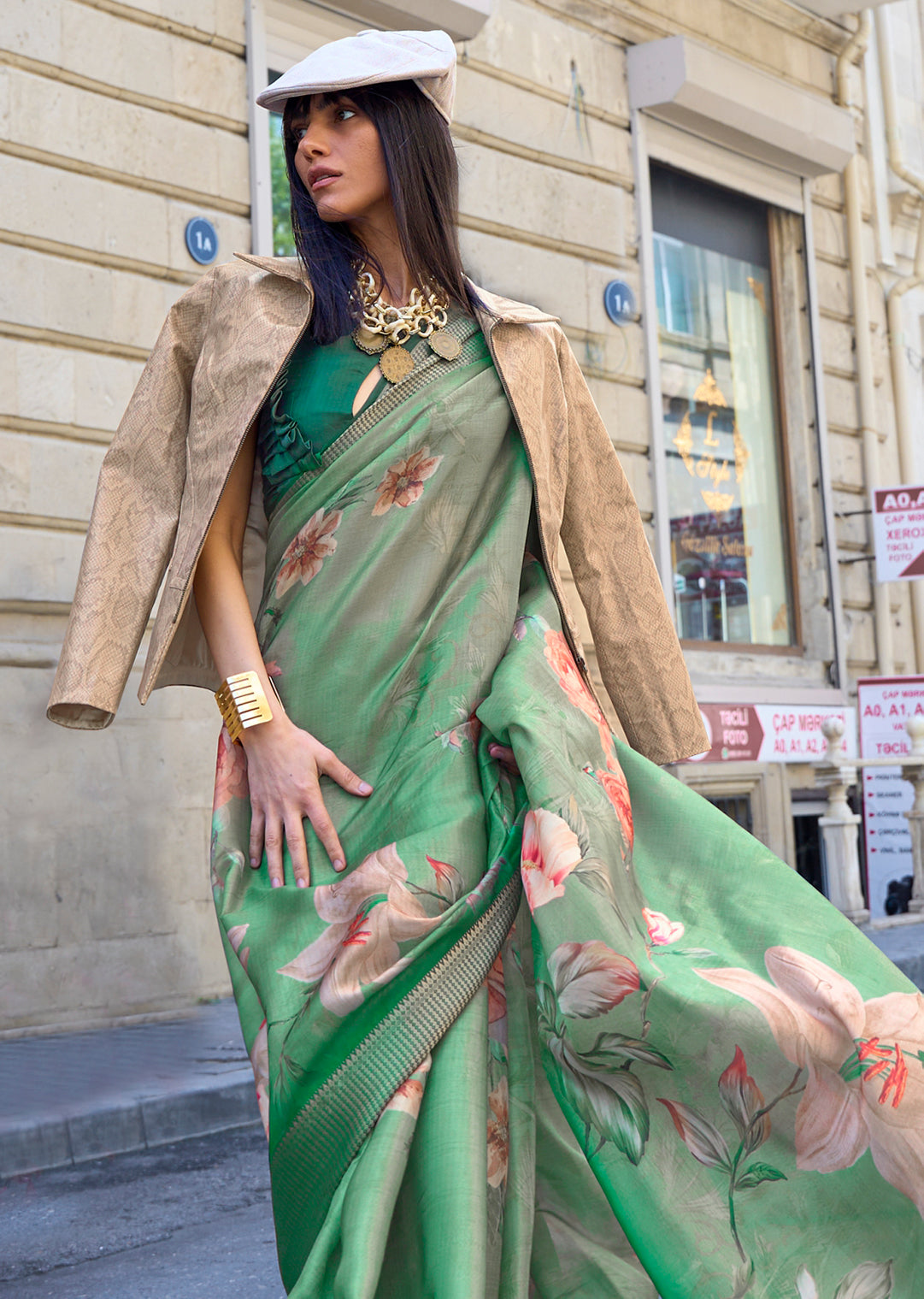 Jade Green Woven Pure Satin Organza Silk Saree