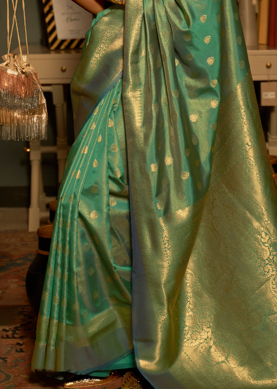 Golden Teal Green Zari Woven Pure Handloom Kanjivaram Silk Saree