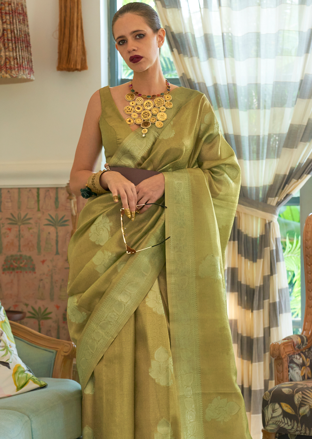 Olive Green Zari Woven Pure Handloom Satin Tissue Silk Saree