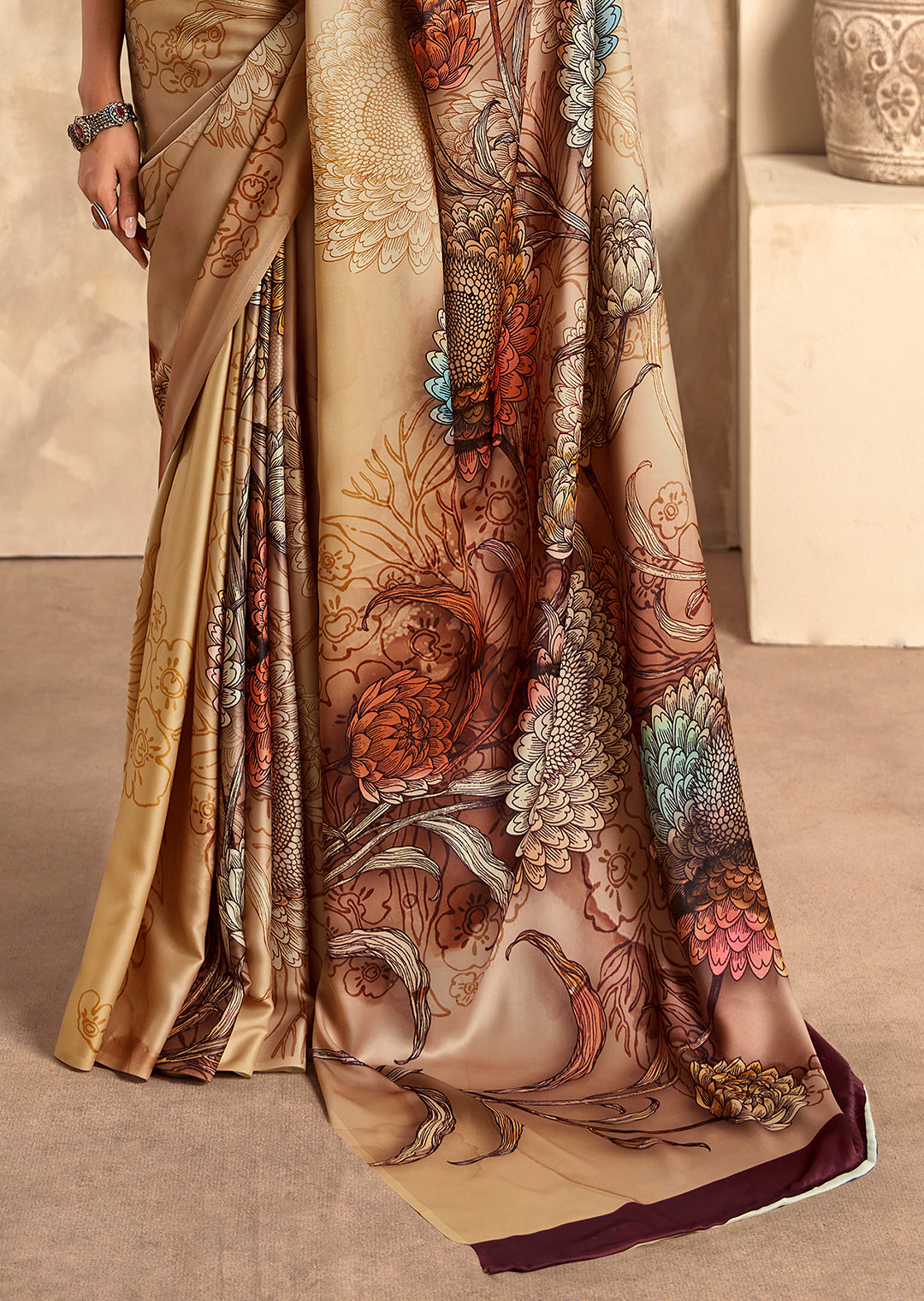 Deep Beige Woven Digital Printed Crepe Silk Saree