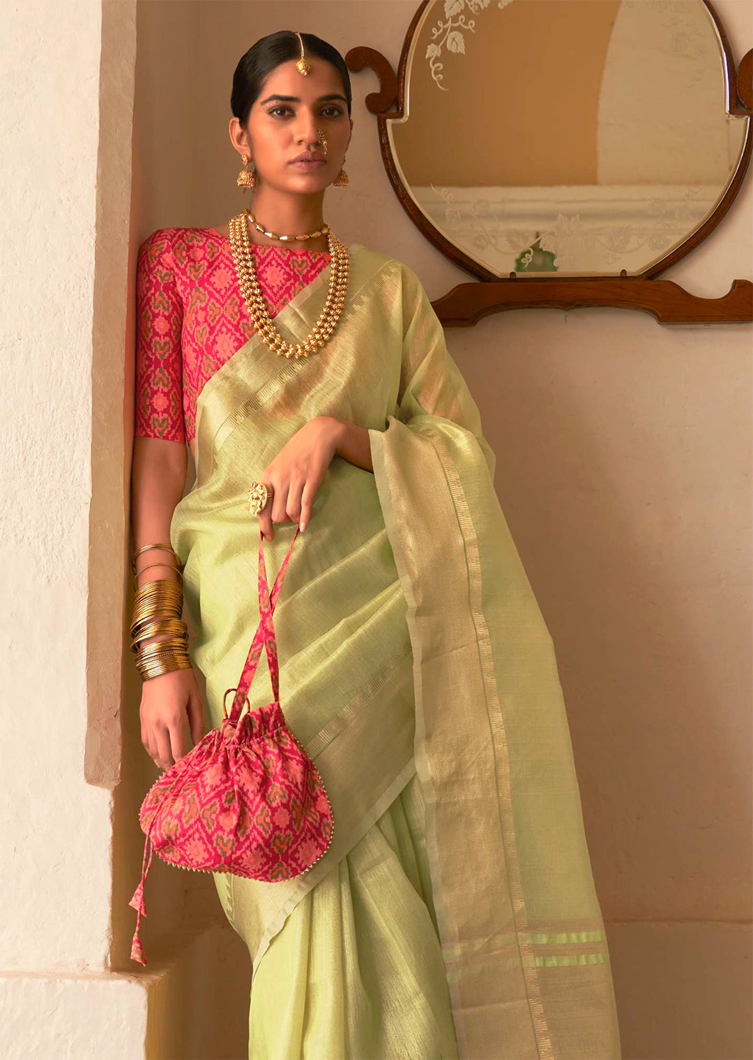 Tea Green Zari Woven Handloom Linen Tissue Silk Saree