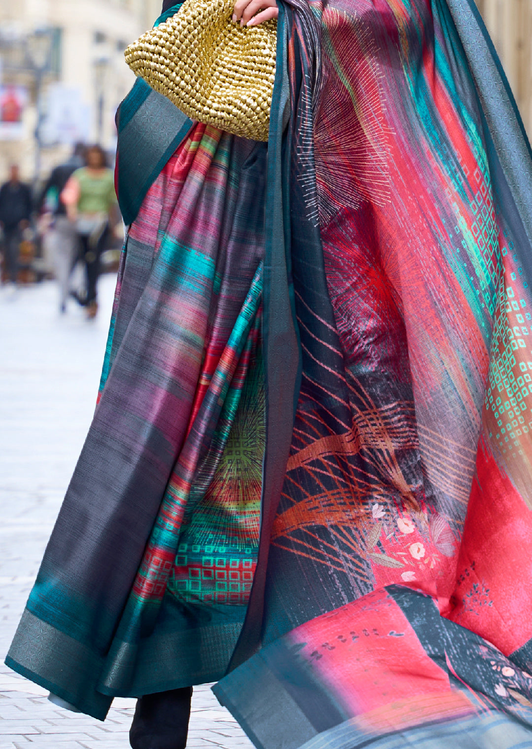 Teal Blue Woven Pure Handloom Printed Gajji Silk Saree