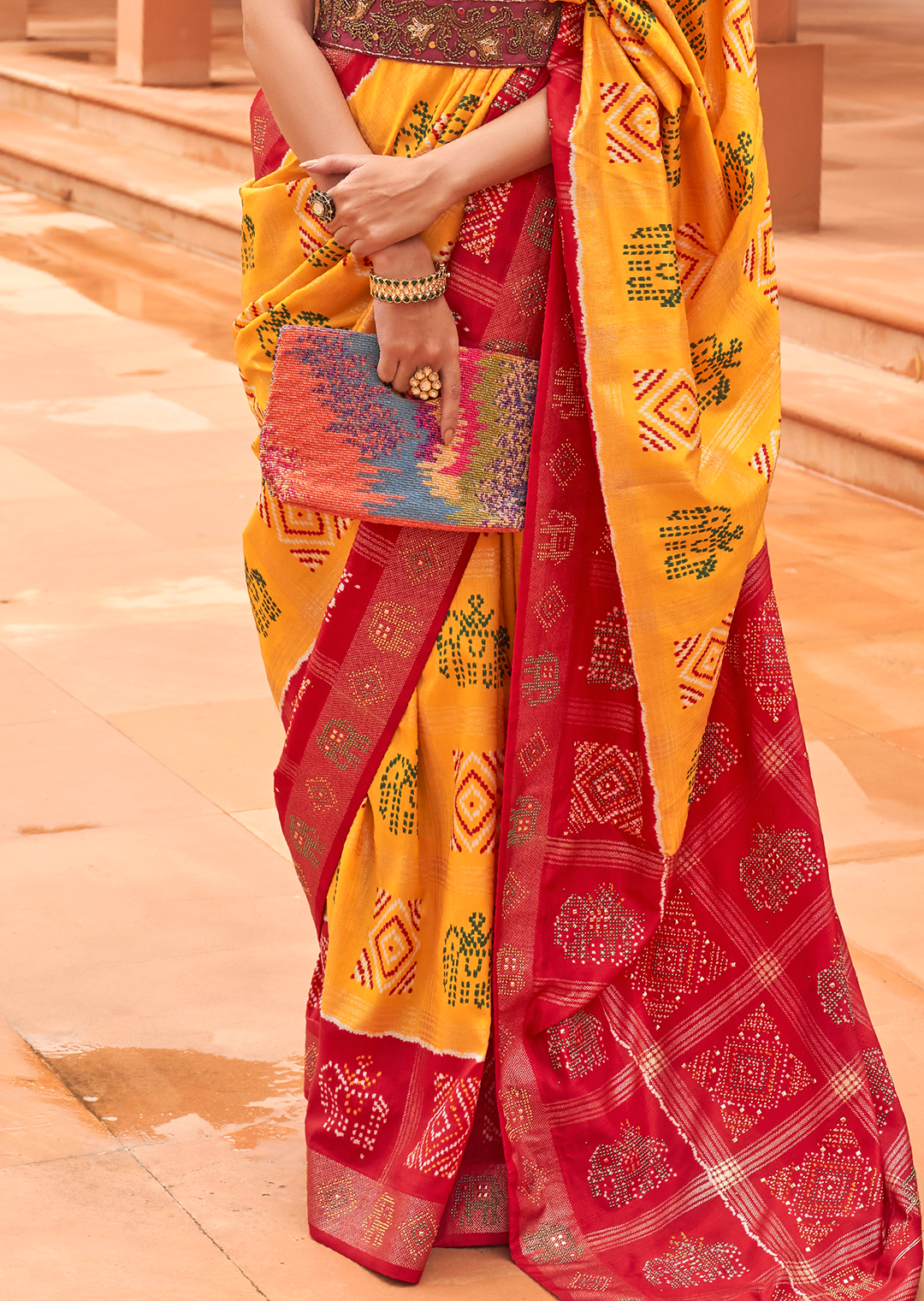 Golden Yellow Woven Traditional Bandhani Patola Silk Saree