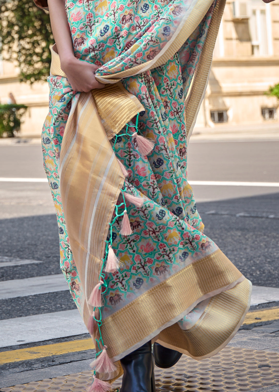 Mint Green Woven Pure Satin Organza Silk Saree