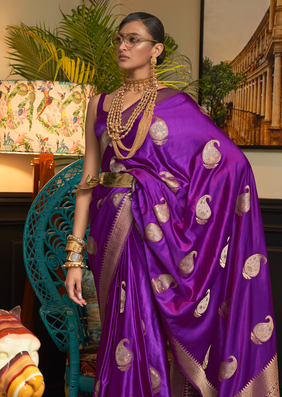 MAGENTA PURPLE ZARI WOVEN BANARASI PURE SATIN SILK SAREE