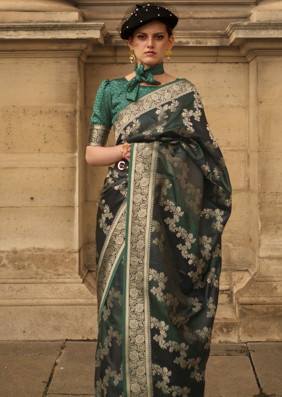 Bottle Green Woven Pure Handloom Banarasi Satin Silk Saree