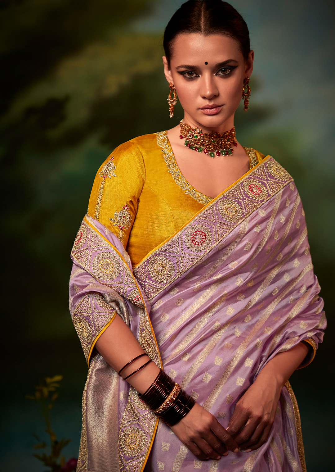 WISTERIA PURPLE HEAVY EMBROIDERED DESIGNER BANARASI SILK SAREE