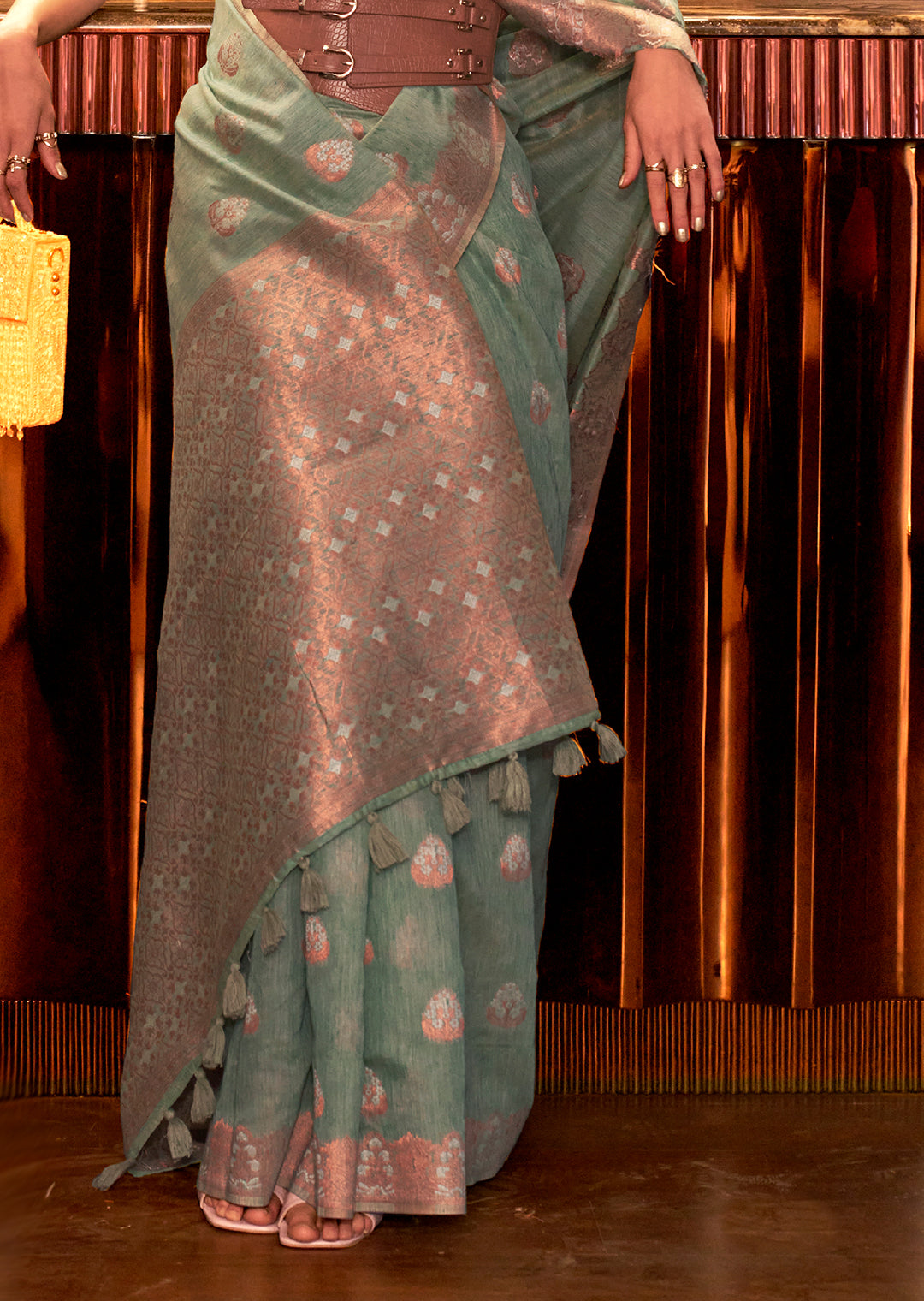 Mint Green Zari Woven Handloom Pure Linen Saree