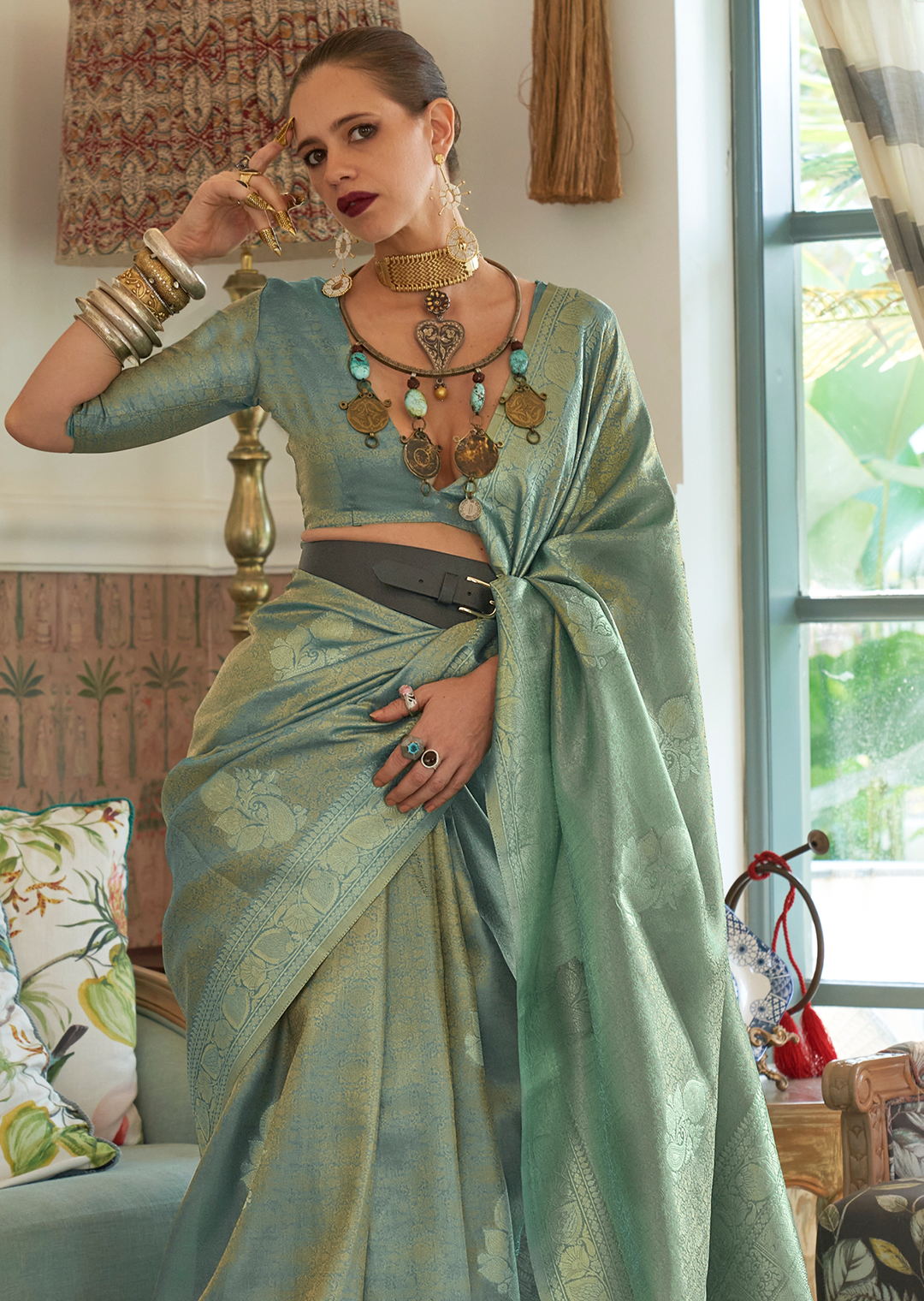 Mint Green Zari Woven Pure Handloom Satin Tissue Silk Saree