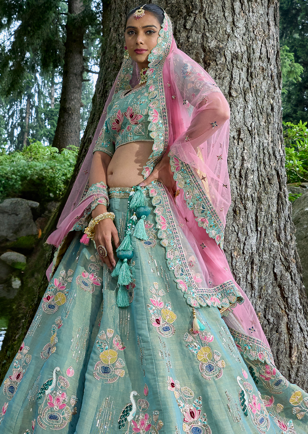 Pearl Aqua Hand Worked Premium Designer Silk Lehenga