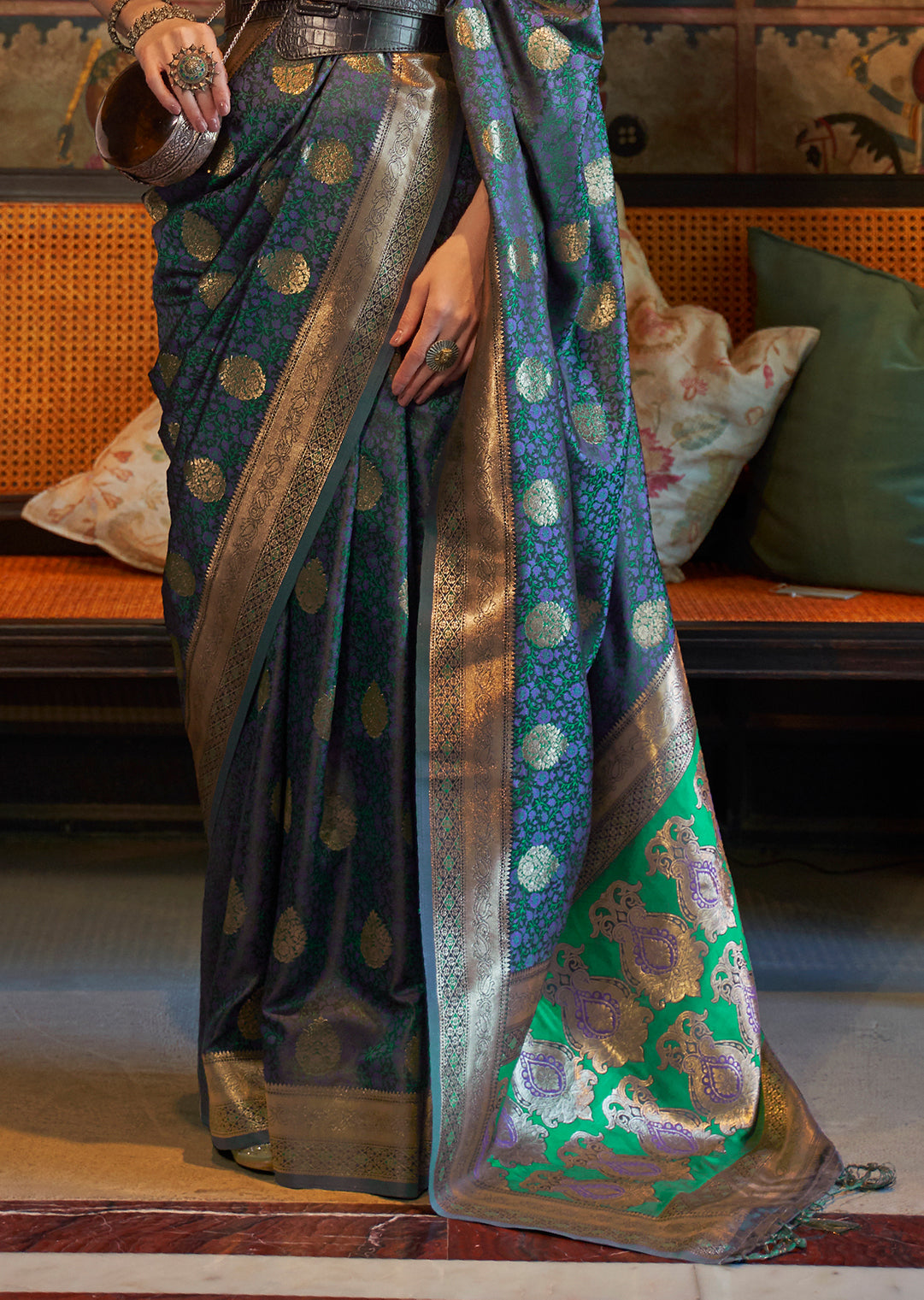 Steel Blue Zari Woven Handloom Pure Banarasi Satin Silk Saree