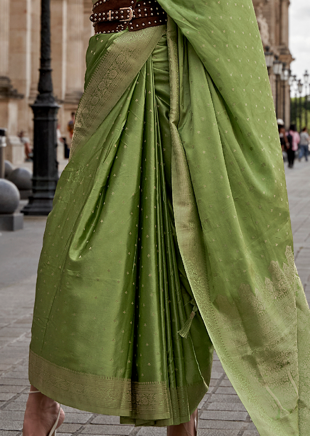 Pistachio Green Zari Woven Handloom Pure Banarasi Satin Silk Saree