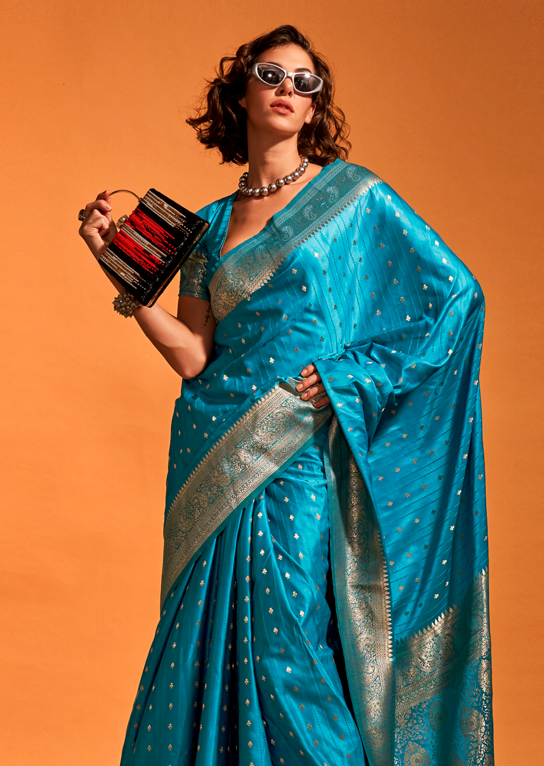 Teal Blue Zari Woven  Handloom Pure Banarasi Satin Silk Saree