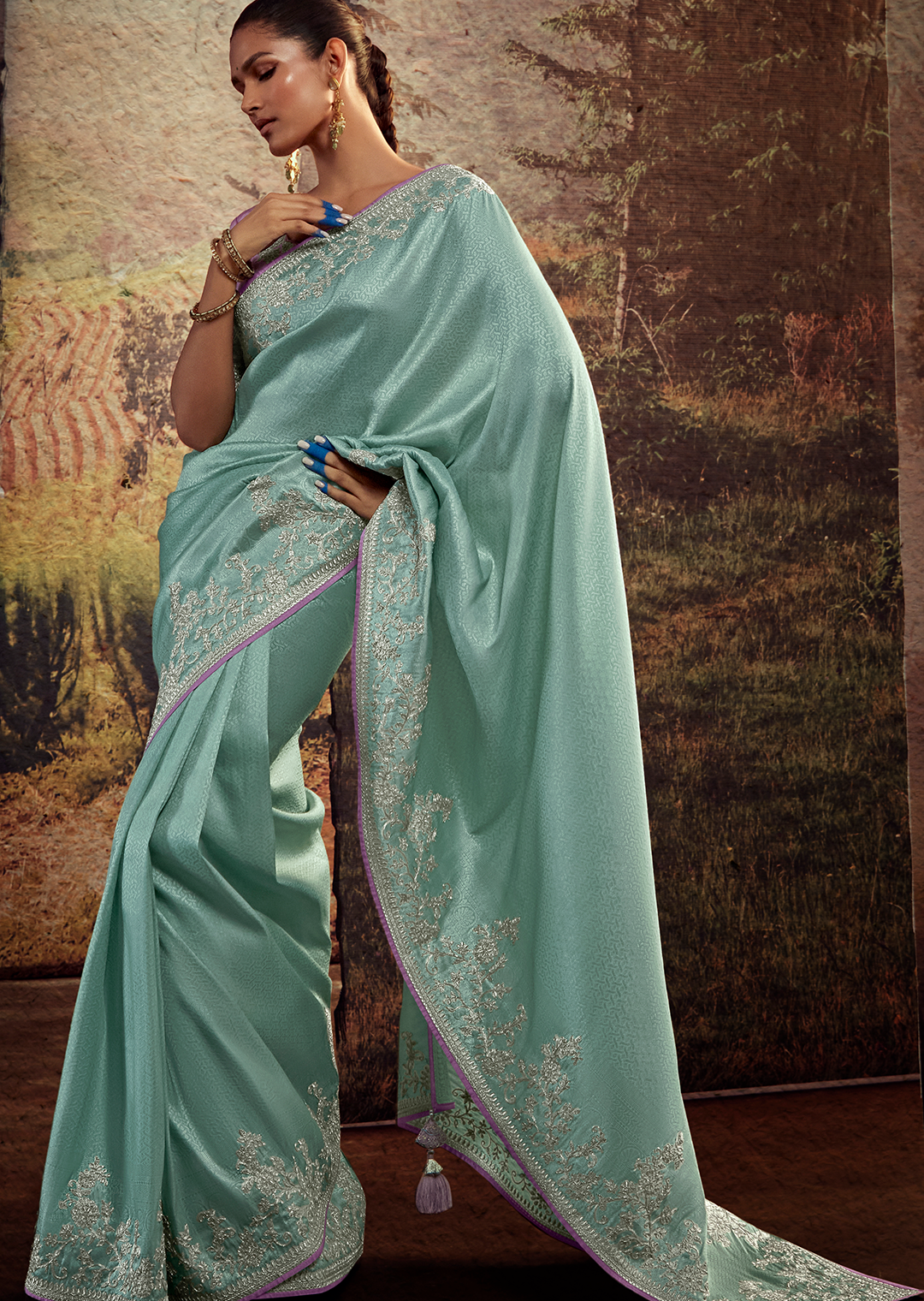 PEARL AQUA BLUE HEAVY EMBROIDERED PURE BROCADE DESIGNER SILK SAREE