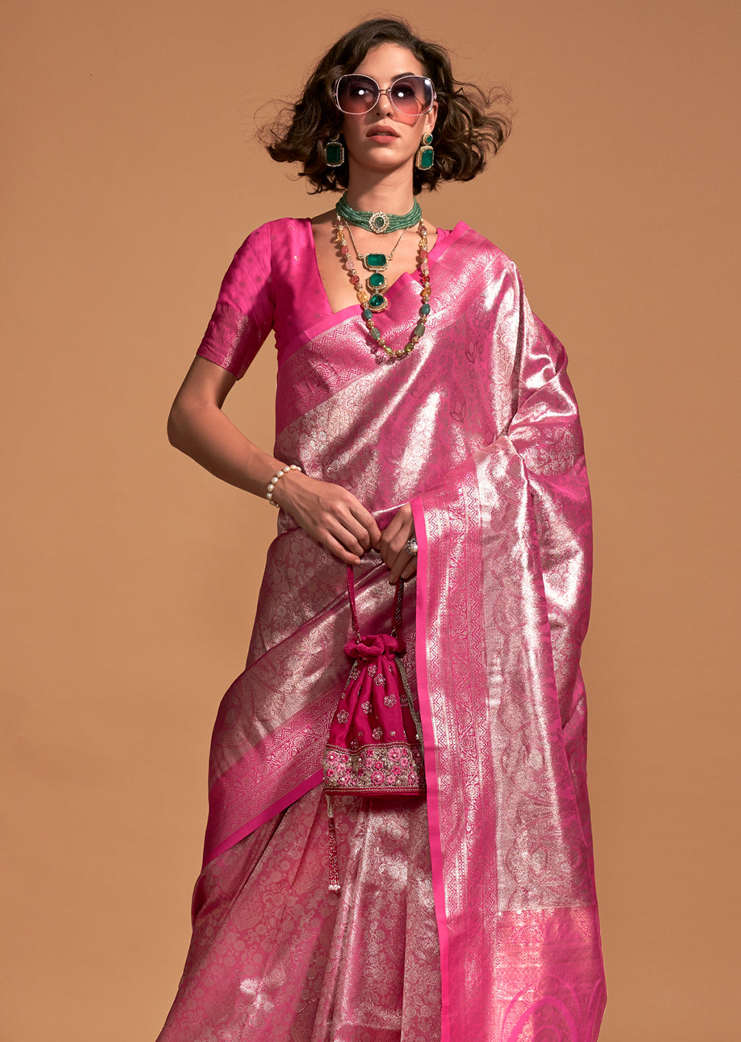 Hot Pink Zari Woven Pure Handloom Kanjivaram Silk Saree