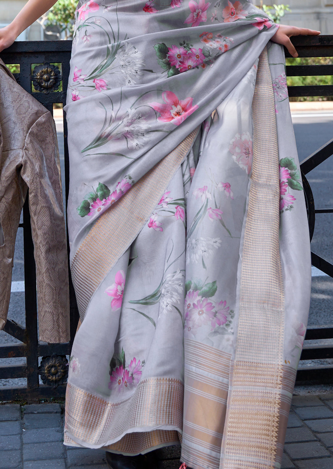 Grey Woven Pure Satin Organza Silk Saree