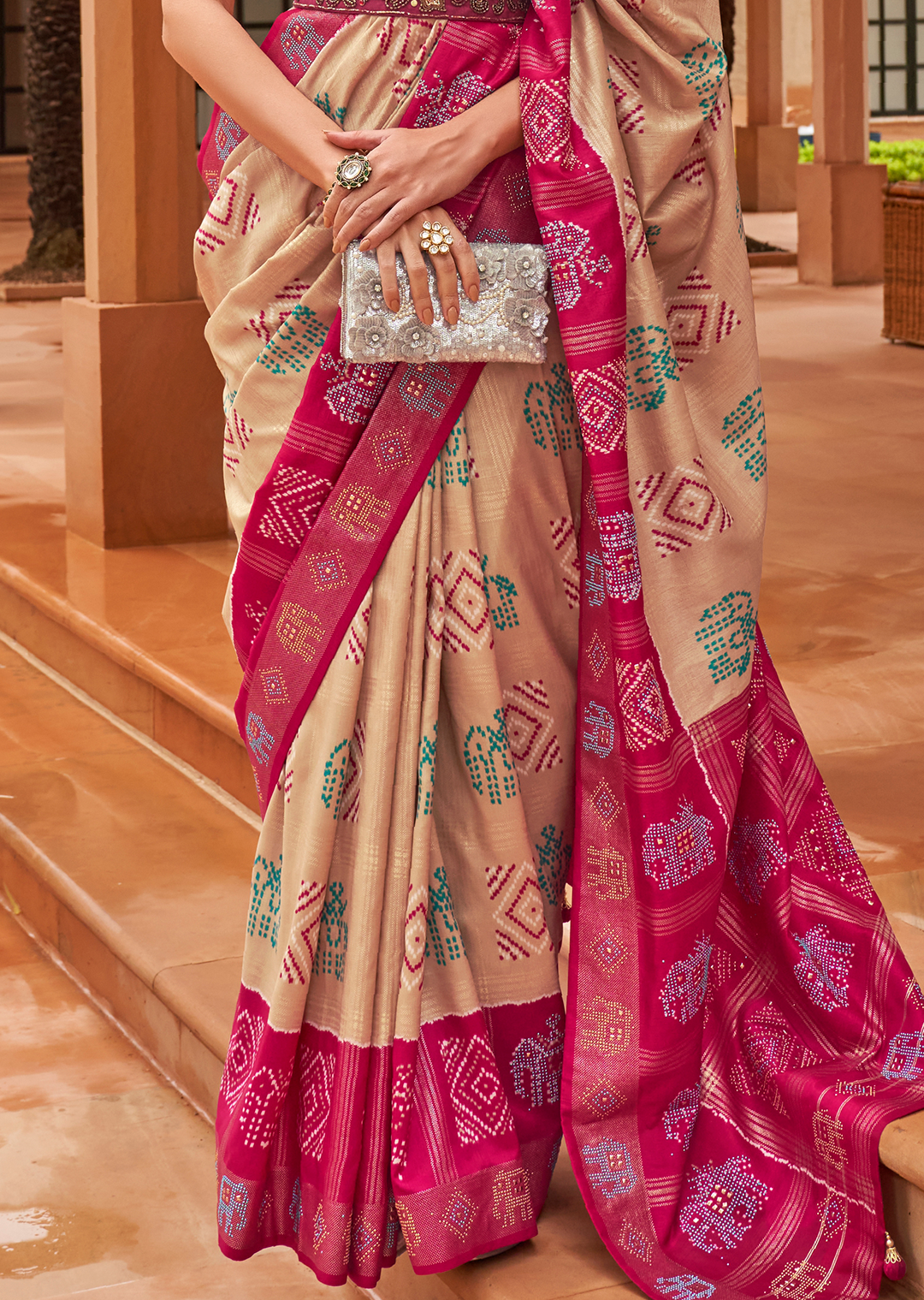 Warm Beige Woven Traditional Bandhani Patola Silk Saree