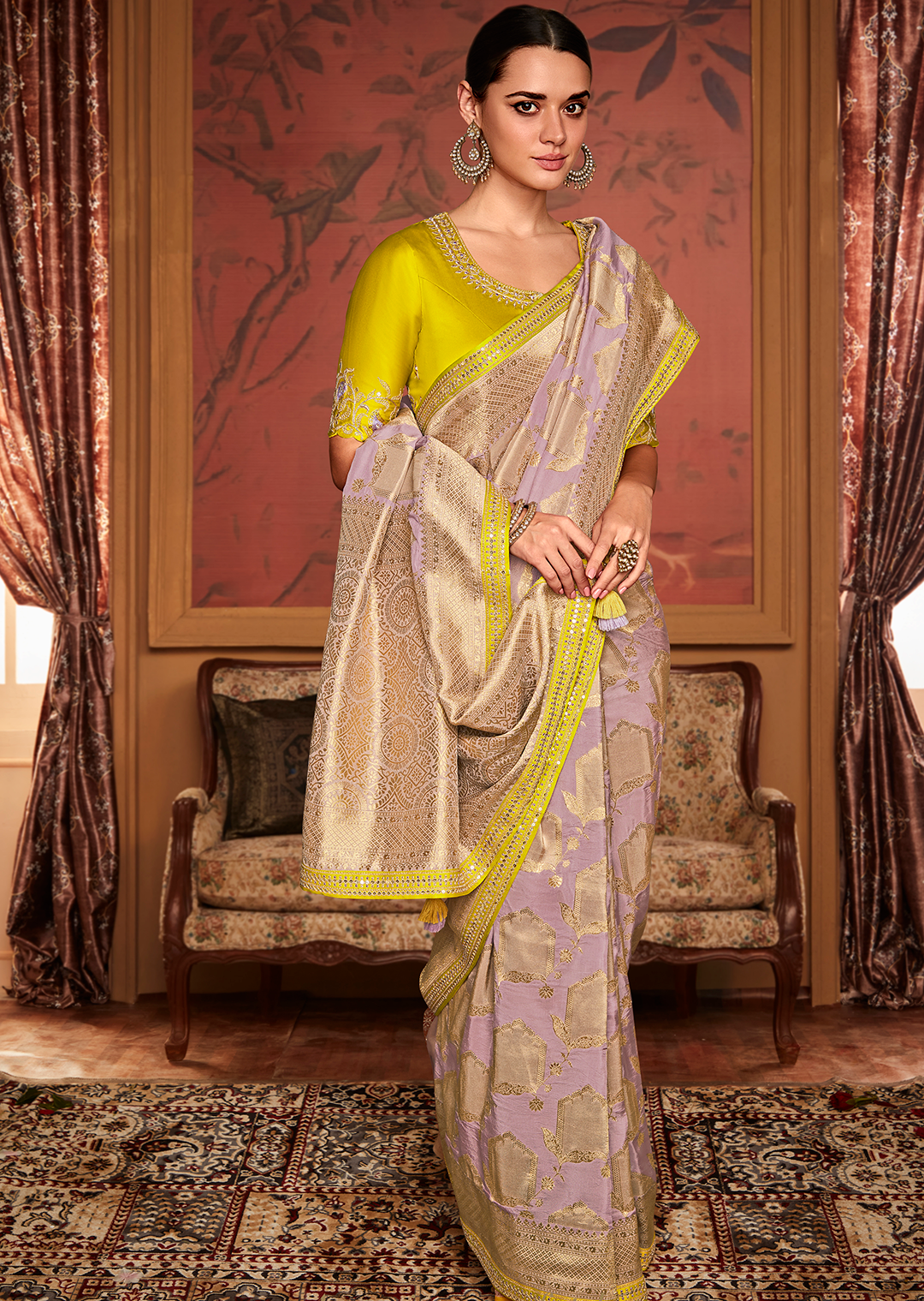 LAVENDER PURPLE PURE CREPE SILK DESIGNER BANARASI SAREE