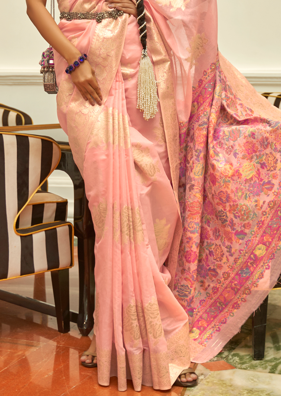 LEMONADE PINK WOVEN KASHMIRI JAMEWAR SILK SAREE