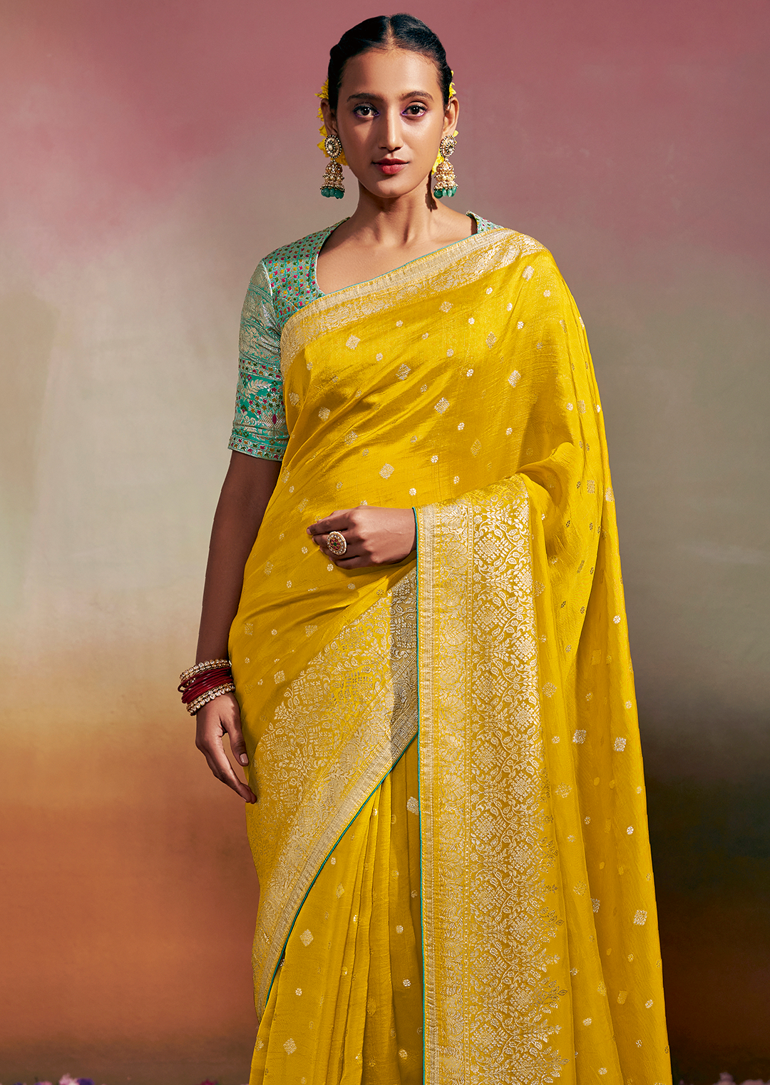 GOLDEN YELLOW WOVEN PURE CHINON CHIFFON DESIGNER SILK SAREE