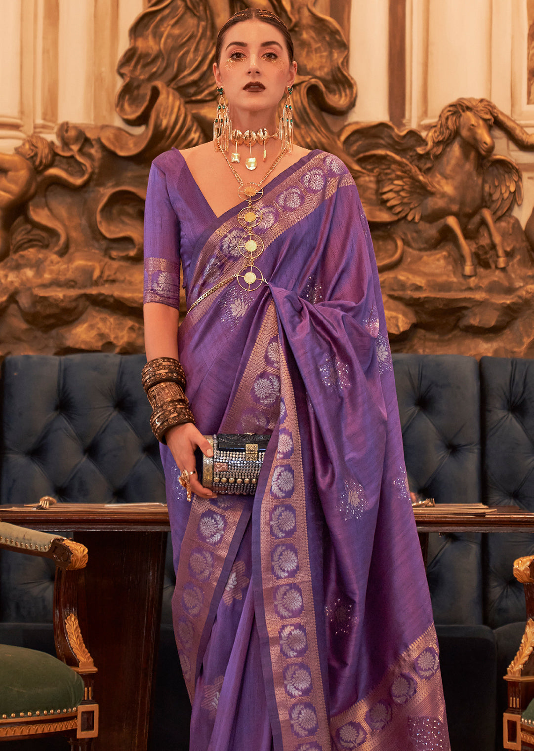 Violet Woven Pure Handloom Tussar Silk Saree