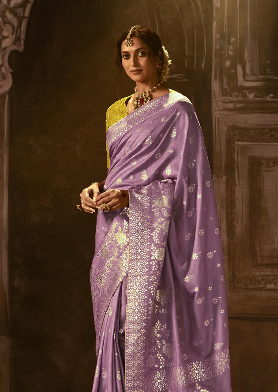 LILAC PURPLE WOVEN PURE CREPE SILK DESIGNER BANARASI SAREE