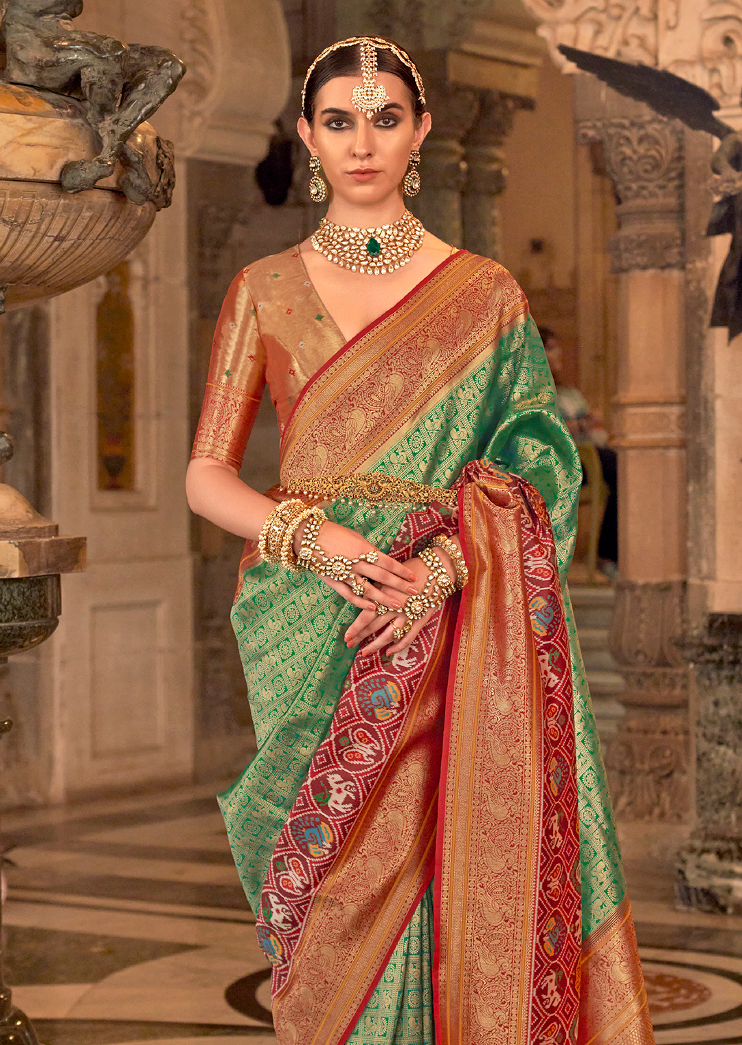 Jade Green & Red	Woven Royal Patola Kanjivaram Silk Saree