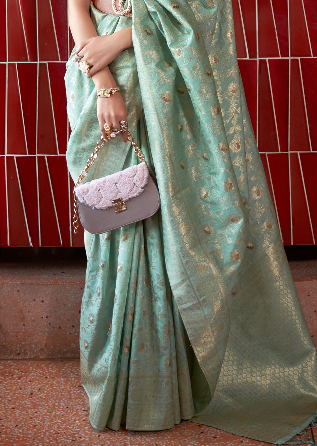 Mint Green Zari Woven Pure Handloom Banarasi Silk Saree