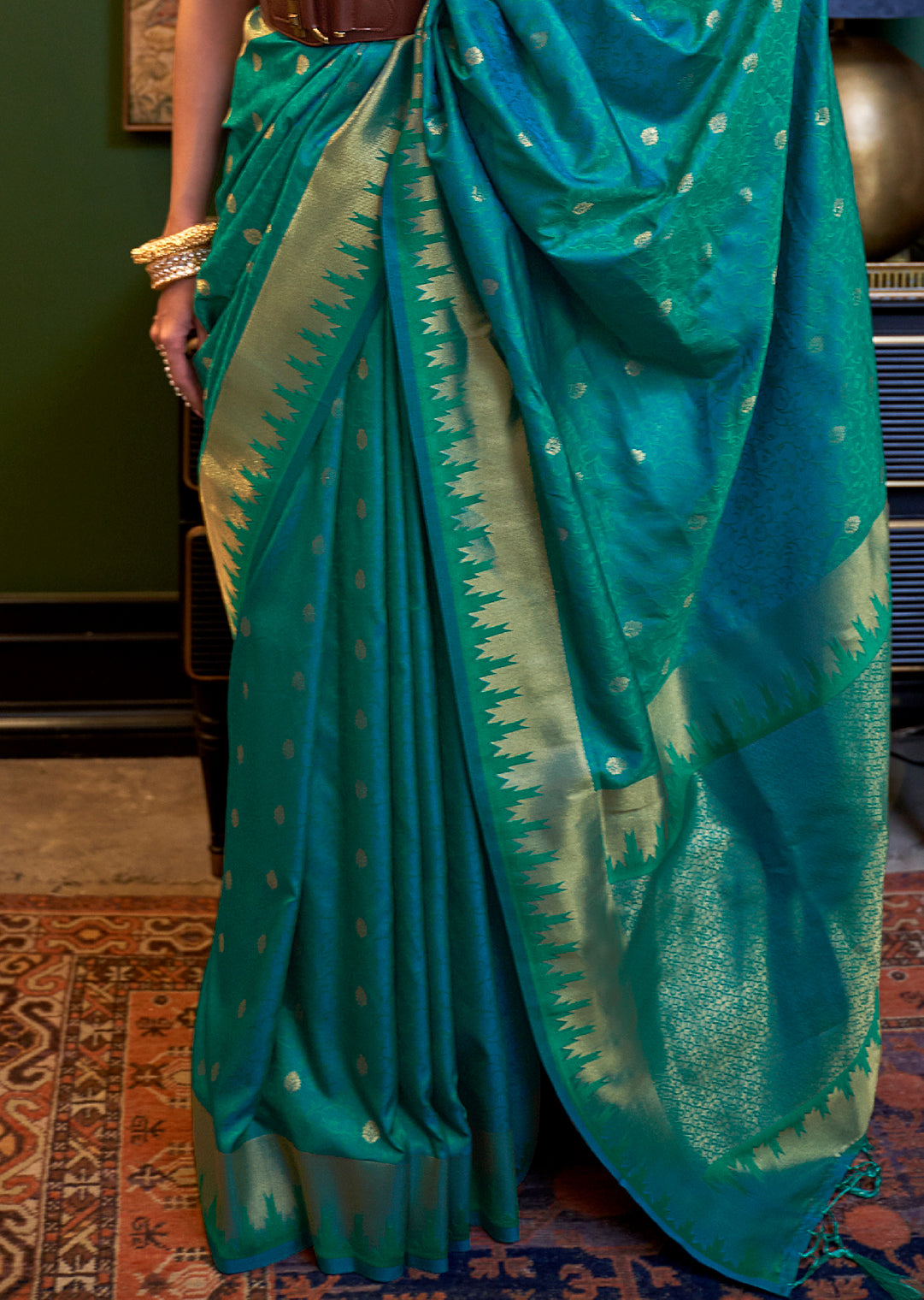 Teal Blue Zari Woven Pure Handloom Banarasi Silk Saree