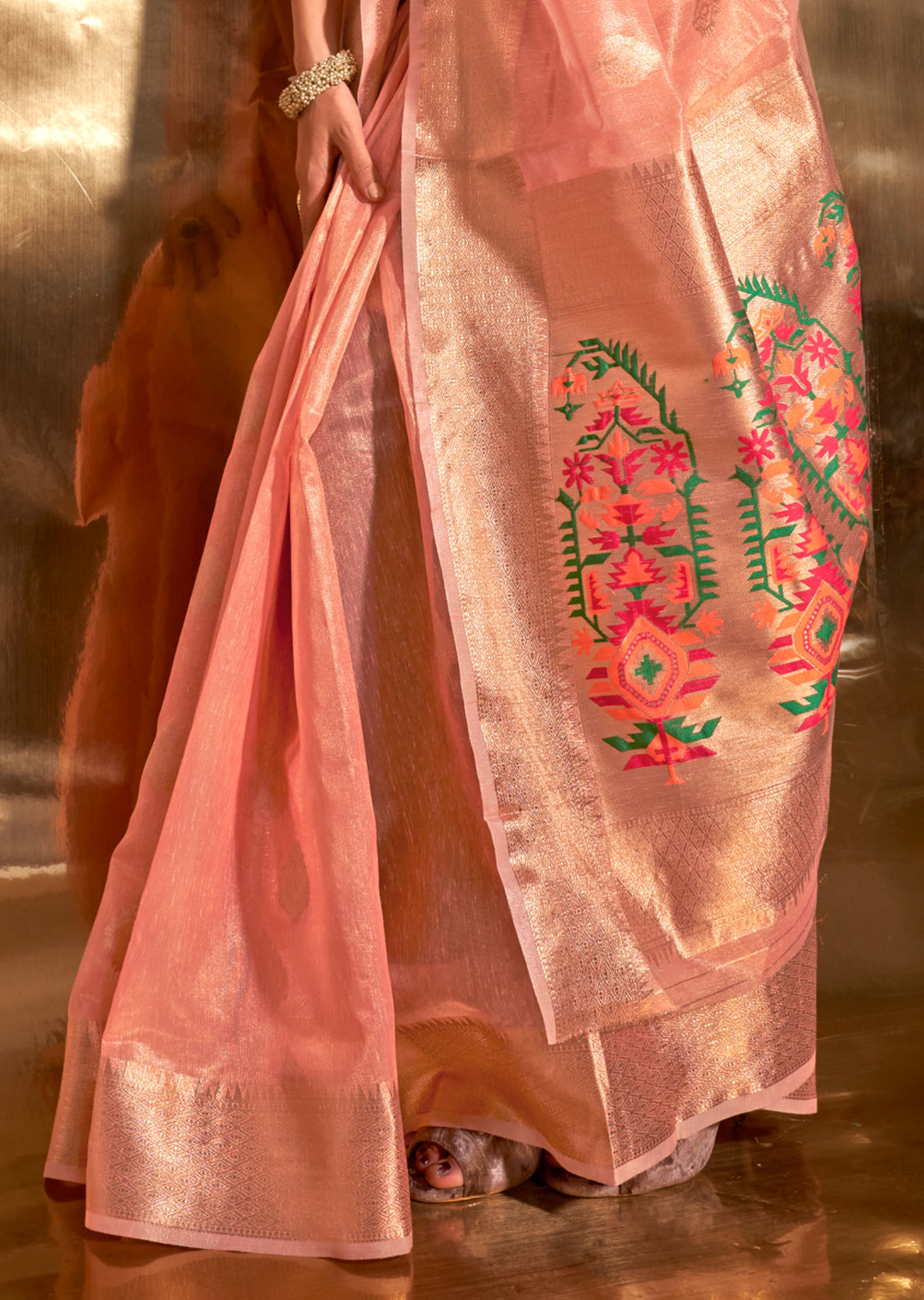 Peach Zari Woven Pure Paithani Tissue Silk Saree