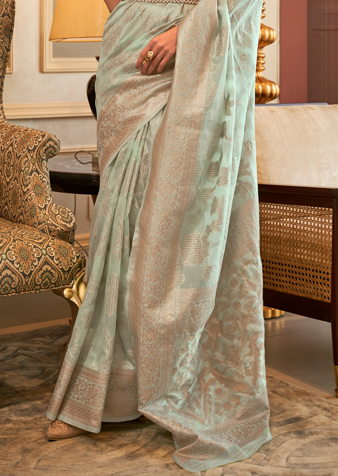 Mint Green Zari Woven Pure Handloom Linen Silk Saree