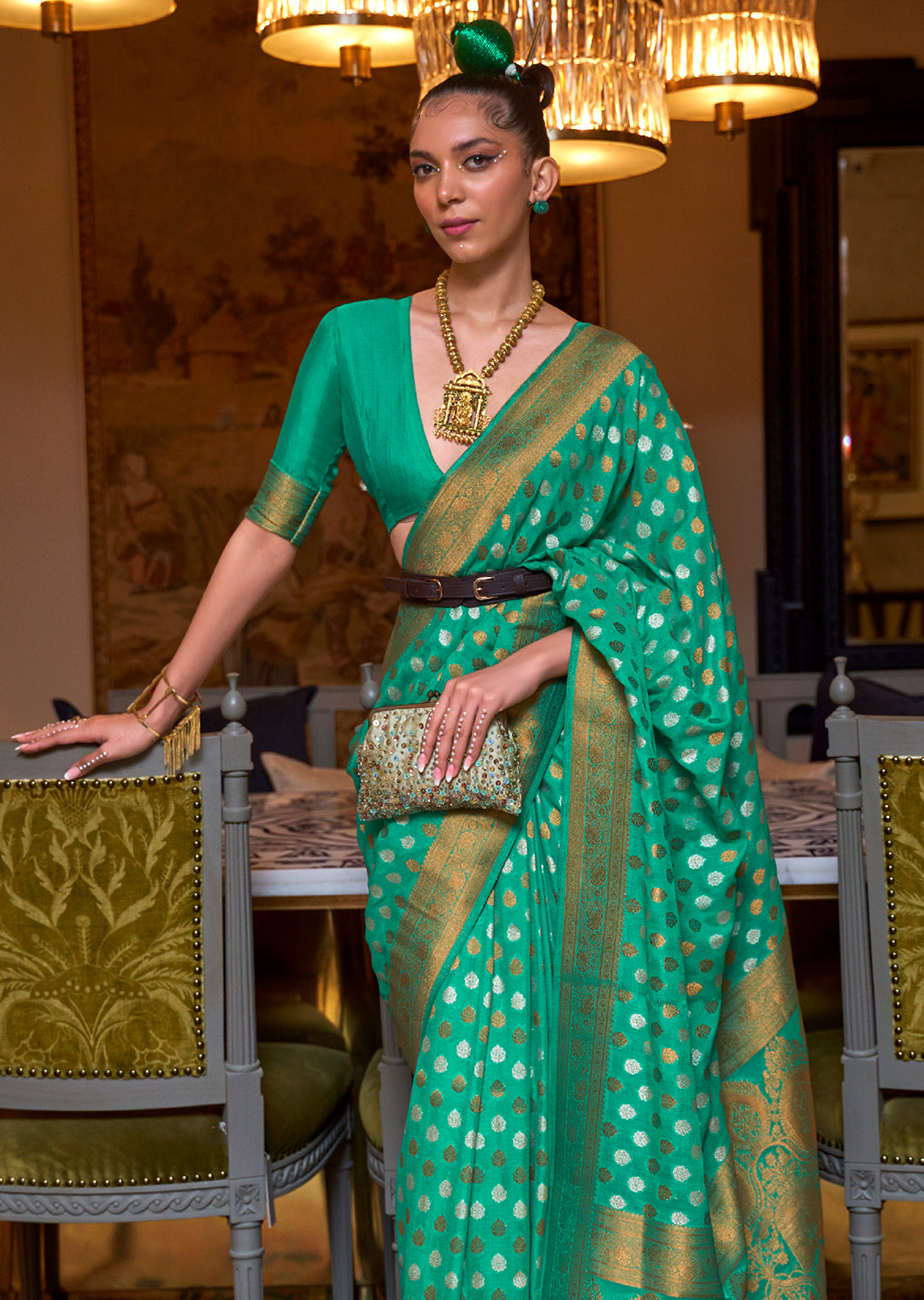 SEAFOAM GREEN	COPPER ZARI WOVEN PURE KHADDI GEORGETTE BANARASI SAREE