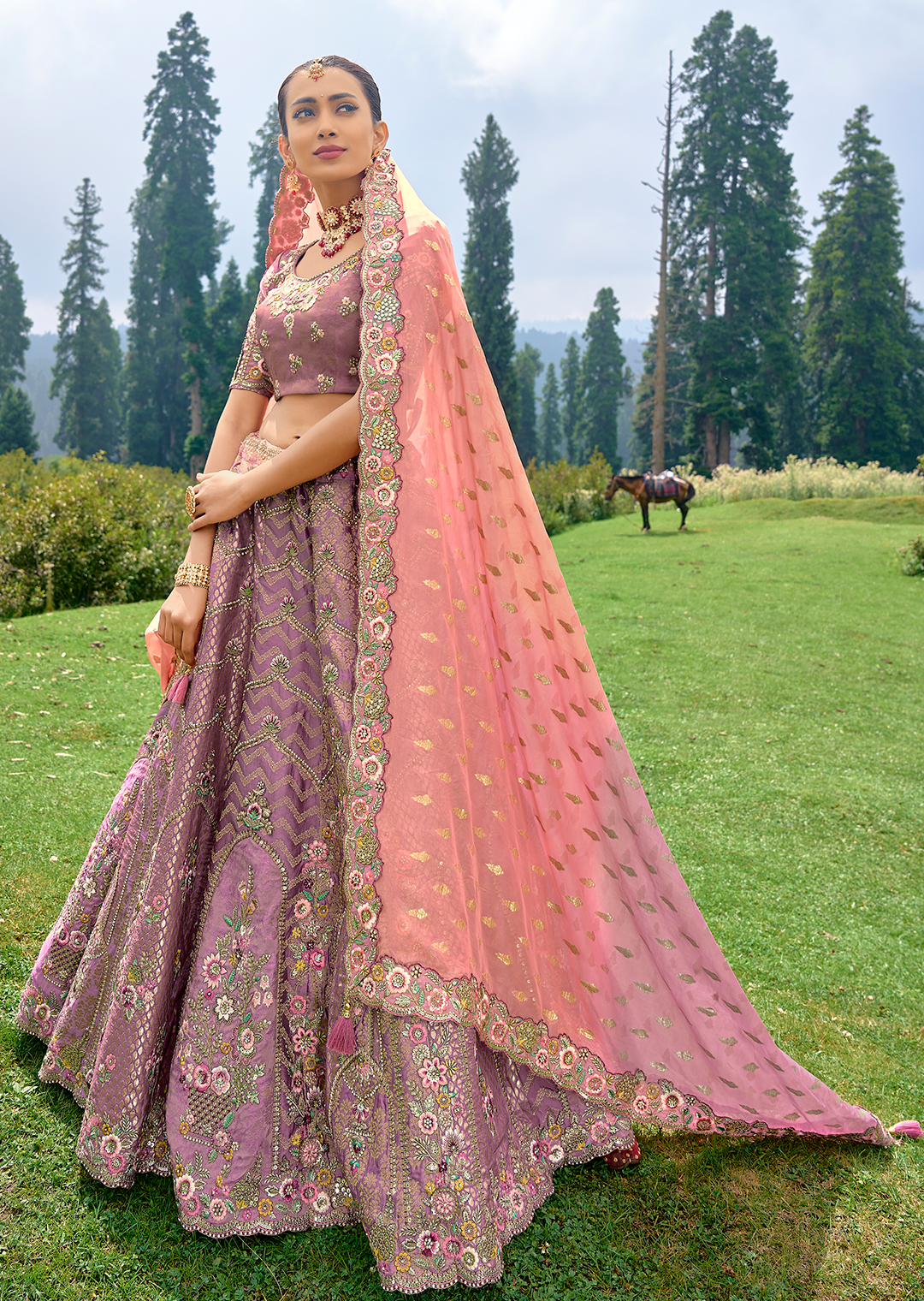 Byzantine Purple Heavy Embroidered Premium Designer Silk Lehenga