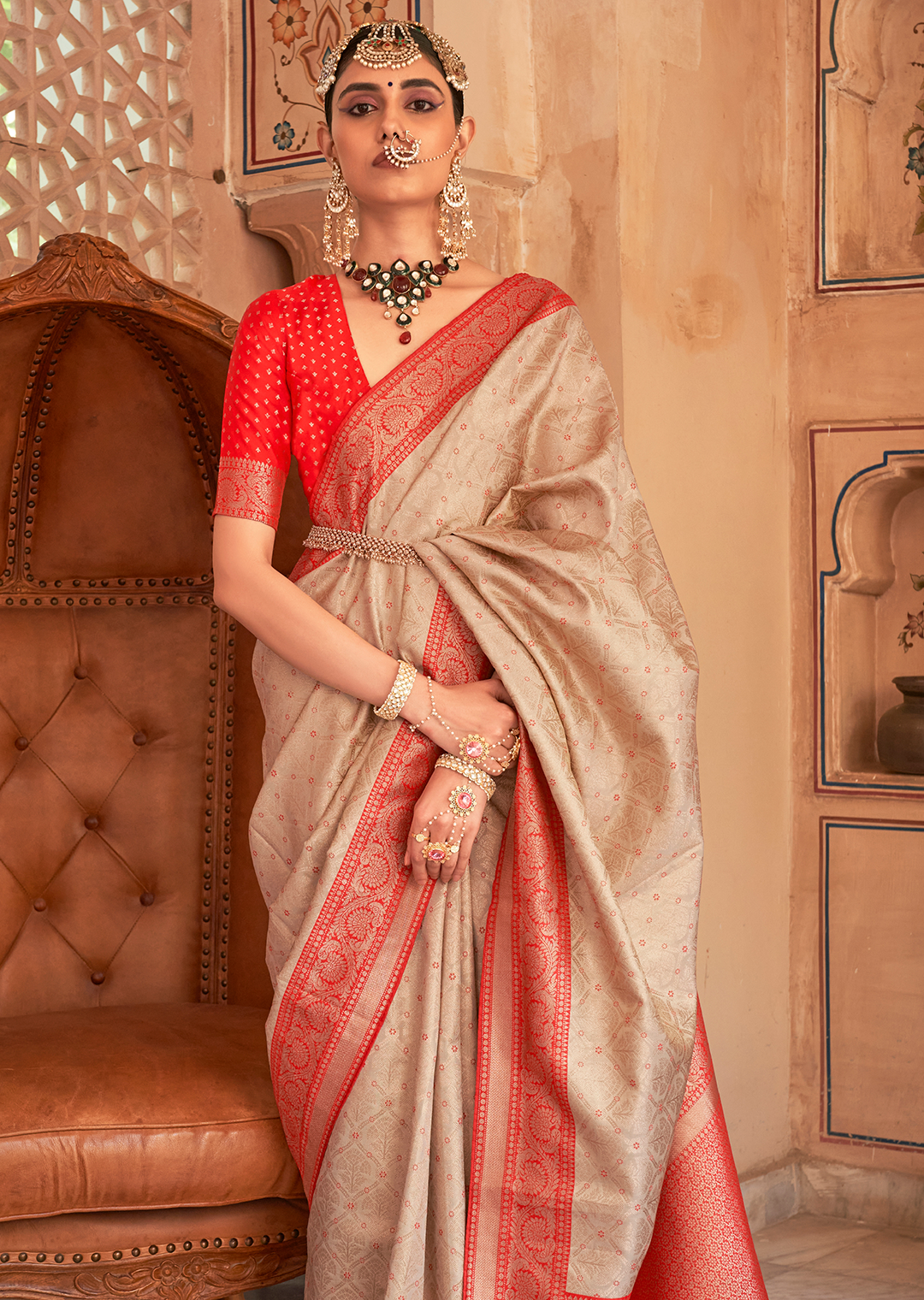 Beige Woven Royal Patola Kanjivaram Silk Saree