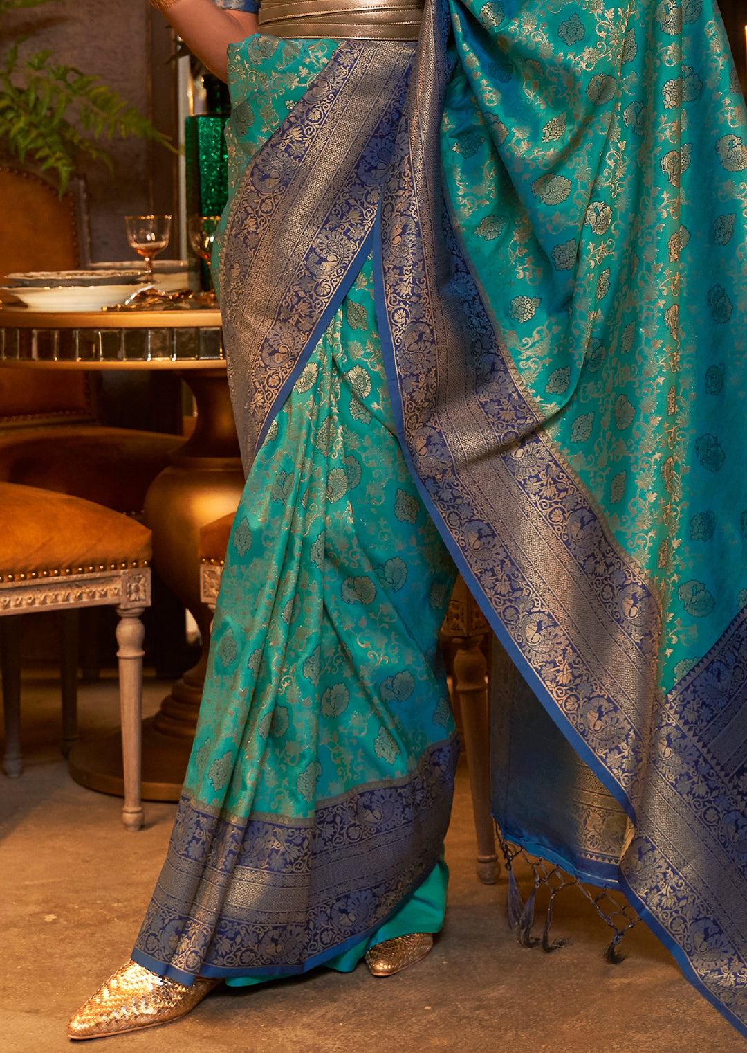 Teal Blue Zari Woven Pure Handloom Kanjivaram Silk Saree