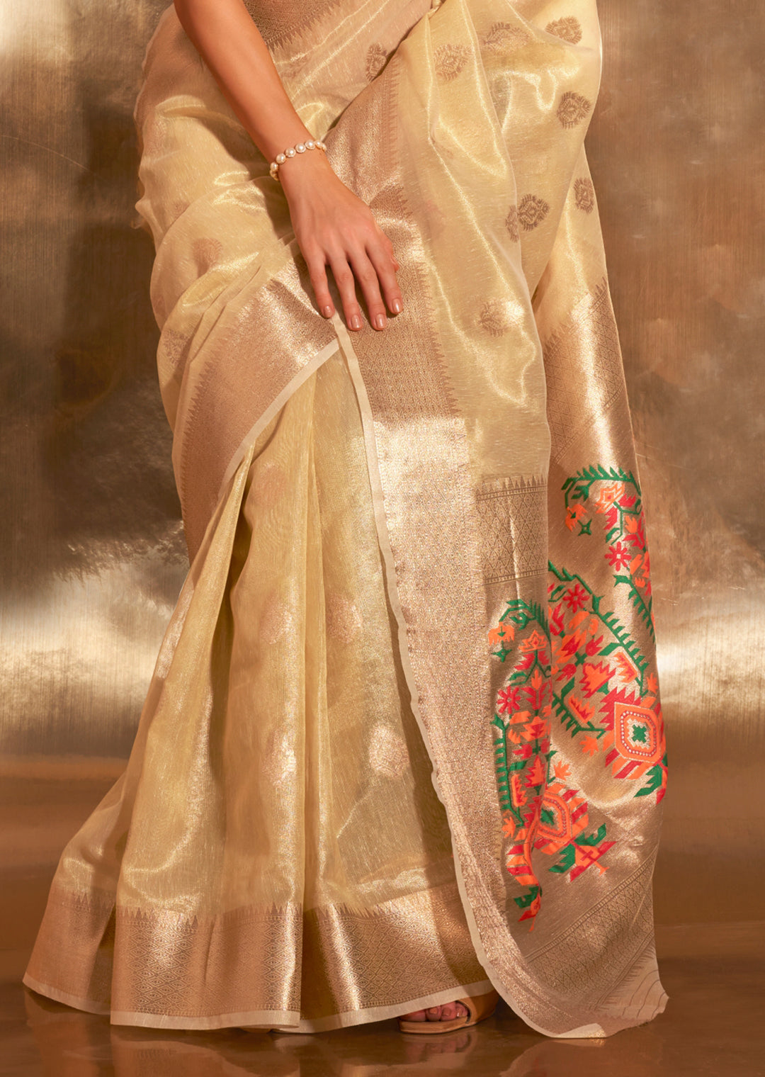Cream White Zari Woven Pure Paithani Tissue Silk Saree